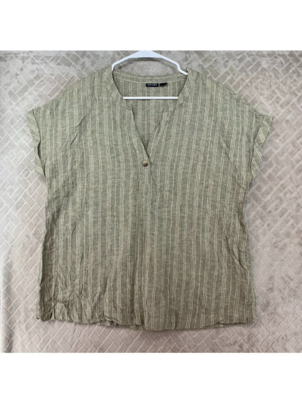 Esmara Shirt Women 12 Olive Green Striped Linen Blend Short Sleeve Relaxed Baggy